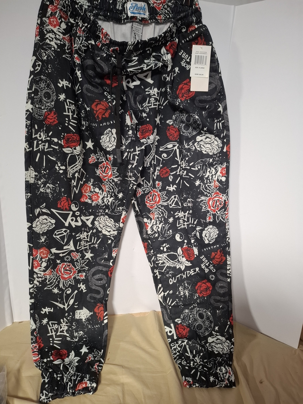 Fresh Kids Black Joggers with Red Rose Graphic